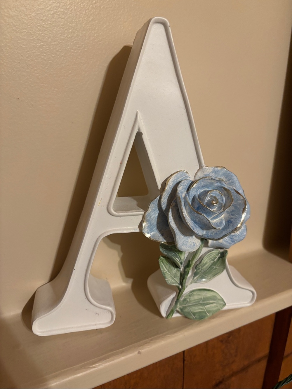 Decorative Letter A with Blue Rose Accent - Home Accents